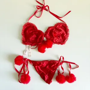 NWT Victoria's Secret Womens Red Satin Heartbreaker Pom Sexy Lingerie Set M-DD thumbnail 3