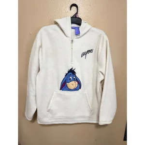 Disney Eeyore Womens Medium Cream Fleece 1/4 Zip Hoodie Winnie the Pooh Pullover thumbnail 2