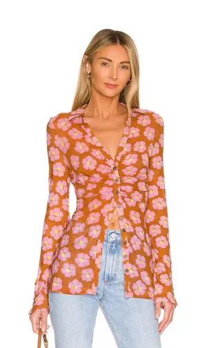 Free People Lucky Shirt Mesh Floral Ruched Button Front‎ Coffee Combo Medium thumbnail 1