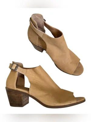 Lucky Brand Tan Leather Peep Toe Ankle Boots Womens 8 Casual Fall Buckle Heeled thumbnail 2