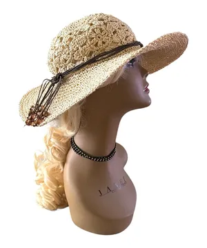 Sun n Sand Crochet Crown Wide Brim Straw Hat with Beads thumbnail 1