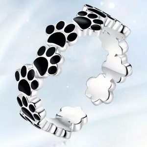 Paw Print Stainless Steel Silver and Black Paw Print Adjustable Ring Size 6-9 thumbnail 1
