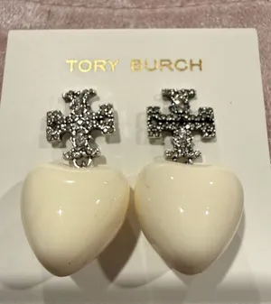 Tory Burch | Silver Plated Crystal Pave Accent Logo Earrings & Cream Heart Drops thumbnail 1