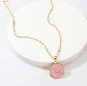 Pink Recumbent Crescent Moon Charm Necklace Gold Chain w/ Celestial Pendant thumbnail 2