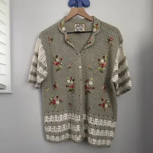 VTG Large Short Sleeve Cardigan Button‎ Up Embroidered Floral Sage Green Crochet thumbnail 8