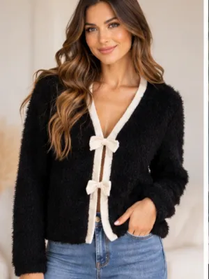 SHEIN Black & Cream Bow-Trim Cardigan Sweater - Women's size M thumbnail 1