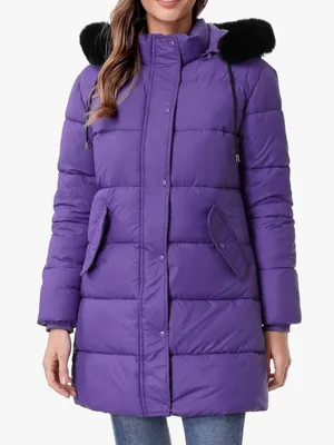 Women's Long Insulated Quilted Winter Puffer Coat Purple Medium Size thumbnail 1