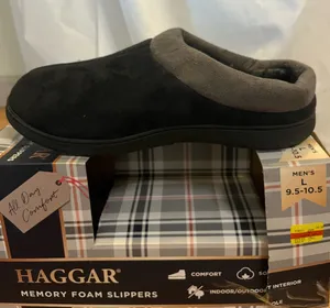 Haggar Men's Memory Foam Slippers Size L Black Suede Clogs Brand new in box. #memoryfoam #comfort #166 thumbnail 1