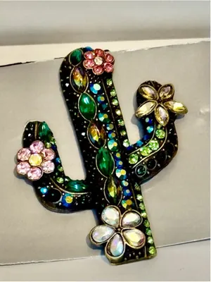 NEW Floral Cactus Rhinestone Brooch Southwest Statement Pin Bag Charm thumbnail 2