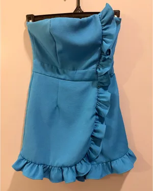 DO+BE Asymmetrical Ruffle Detail Strapless Romper Blue thumbnail 1