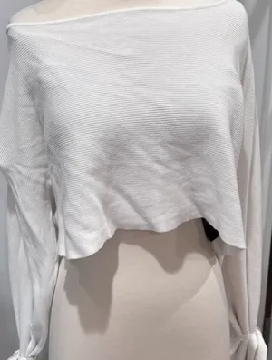 Zara White Knit Ribbed Cropped Top with Tie Cuff Bell Sleeves thumbnail 8
