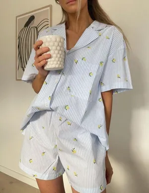 H&M Blue White Striped Shirt and Shorts Lemon Print Pattern Set thumbnail 1