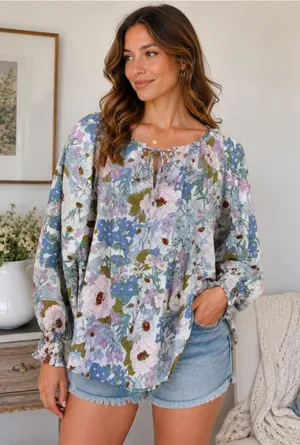 Boho Floral Flowy Peasant Top Smocked Sleeve Cottagecore Medium Romantic Prairie thumbnail 1