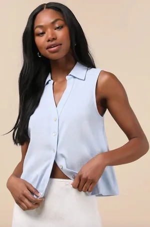 Lulus Casual Contentment Light Blue Linen Button-Up Collared Tank Top Medium NWT thumbnail 1