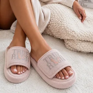 True Religion Women's Pink Plush Open Toe Slippers Large 8-9 Horseshoe Logo thumbnail 1
