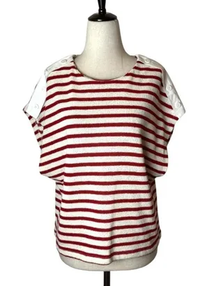 Zara Shirt Women‎ Medium Red White Striped Knit Button Shoulder Top Coastal thumbnail 1