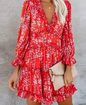 Womens Red Floral Ruffle Aline Swing Open Back Dress sz medium thumbnail 1