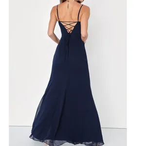 NEW Lulus Feeling Elegant Navy Blue Lace-Up Back Slit Chiffon Maxi Dress Medium thumbnail 3