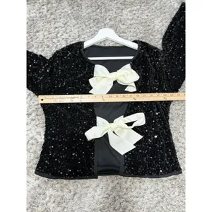 Sequin Bow Jacket Womens Medium Black Cropped Tie Front Evening Party thumbnail 6
