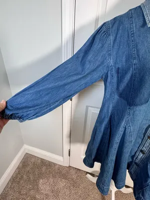 Free People Get Free Denim Mini Dress S Godet Swing Puff Sleeve Pockets Cotton thumbnail 8