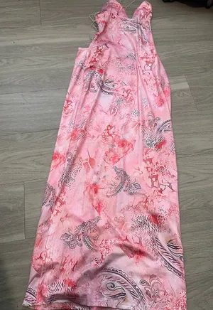 Pink Printed Maxi Dress with V thumbnail 1