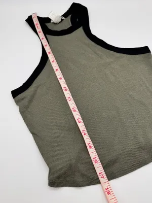 Bozzolo Ribbed Halter Tank Top Olive Green Black Contrast Trim Crop Sleeveless Top Sz S thumbnail 3