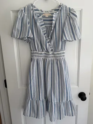 Monteau‎ Los Angeles Blue White Striped Wrap Mini Dress Medium thumbnail 1