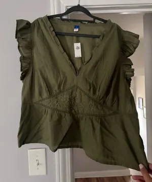 Old Navy Olive Green V-Neck Ruffle Sleeve Blouse thumbnail 1