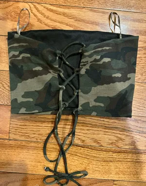 Revamped NWOT Y2K ARMY PRINTED 2 Piece Outfit lace up Tie tube Crop Top& skirt M thumbnail 12
