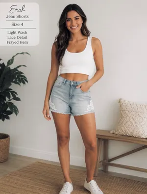Earl Jean Women’s Light Blue Denim Raw Hem Shorts W/ Crochet Lace Detail Size 4 thumbnail 9