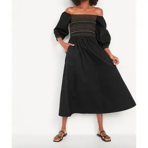 Old Navy Fit & Flare Off-the-Shoulder Cotton-Poplin Smocked Maxi Dress Size XL thumbnail 3