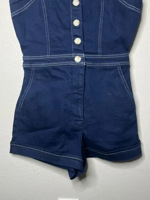 Maeve The Portside Denim Square Neck Button Front Romper Retro Boho Twee thumbnail 6