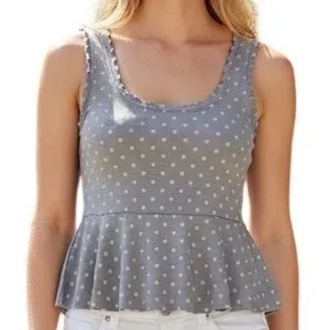 SWEET PEA by Stacy‎ Frati Gray Polka Dot Mesh Peplum Tank Top XS thumbnail 1