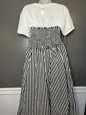 Maeve Anthropologie Dress Womens Petite Medium Black White Striped Smocked Midi thumbnail 6