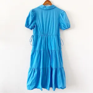 English Factory Ocean Blue Button Down Puff Sleeve Tiered Midi Dress thumbnail 10