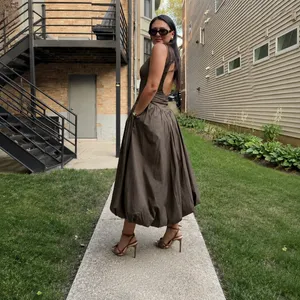 Reformation | NWT Elvira Open Back Bubble Hem Midi Dress Morel Brown | Size 6 thumbnail 4