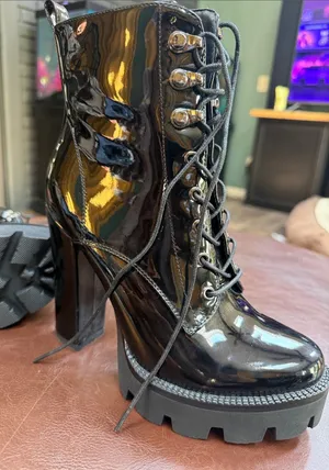 Patent Leather Black Lug-Heel Lace-Up Ankle Boots thumbnail 1