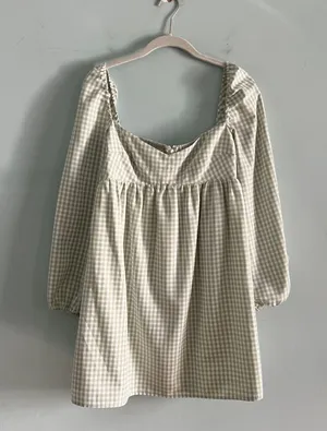 Gianni Bini NWT Kennedy Green Gingham Long Sleeve Sweetheart Neck Babydoll Dress thumbnail 4