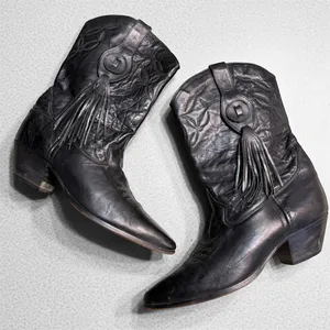 Vintage Laredo black leather‎ fringe cowboy boots BURNING MAN size 9 T1 thumbnail 1