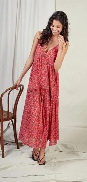 Joie Red Tea Rose Printed Bondi Tiered Cotton Summer Boho Midi Dress XL thumbnail 1
