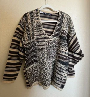 Vintage Grandma Knit Sweater Sz Small Oversized Patchwork‎ Striped Cozy Cabin thumbnail 1