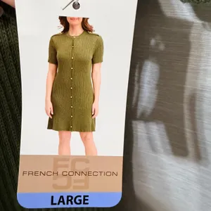 French Connection Olive Green Ribbed Military Sweater Dress Gold Button Mini L thumbnail 5