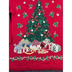Vintage 90s Christmas Sweater TIARA Women L Red Tree Embroidered‎ Embellished thumbnail 7