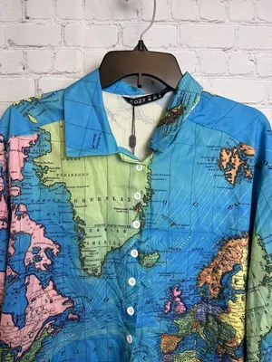 C.O.Z.Y map printed bright pastel novelty button down unisex top New thumbnail 2