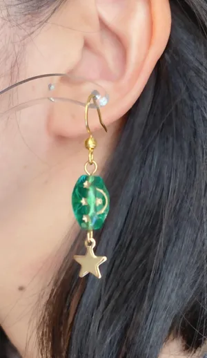 boho vintage fairy whimsical style quality Czech glass moon/star beads dangle earrings🌝🌠💚⭐️ thumbnail 8