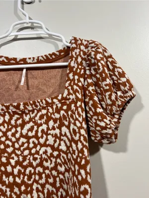 Free People Rust and White Leopard Puff Sleeve Square Neck Top Medium thumbnail 2