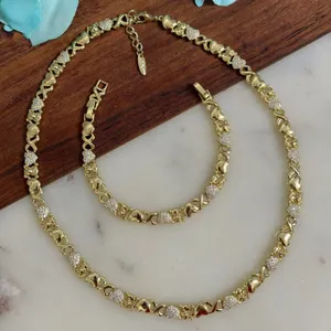 14k Gold Plated XP Set Heart Shaped XOXO Choker 21" And Bracelet 8" Zirconia thumbnail 1