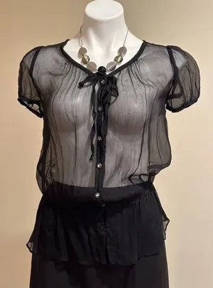 Buttons Just In Time Black Sheer Blouse With Ballon Short Sleeves With Jewel SZ thumbnail 1