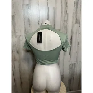 Streetwear Society Mock Neck Cutout Back Crop Top Womens S Sage Mint Green thumbnail 2