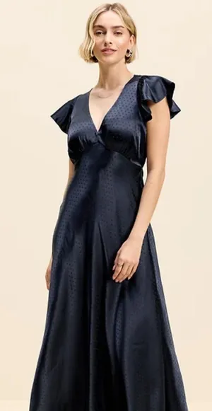 Navy Satin Flutter-Sleeve Dress thumbnail 1